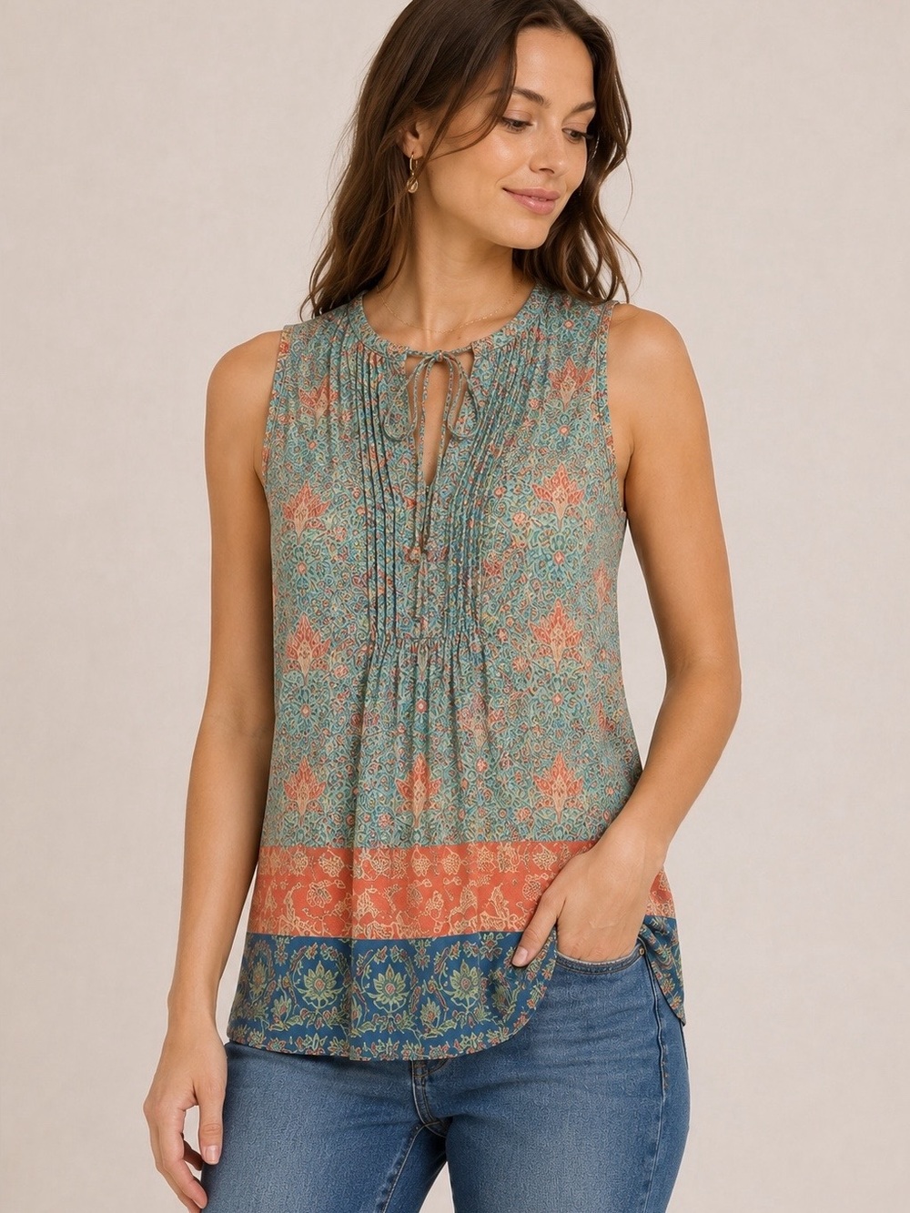 Daniel Rainn Marielle Teal Coral Floral Sleeveless Tie Front Boho Tank Top XS